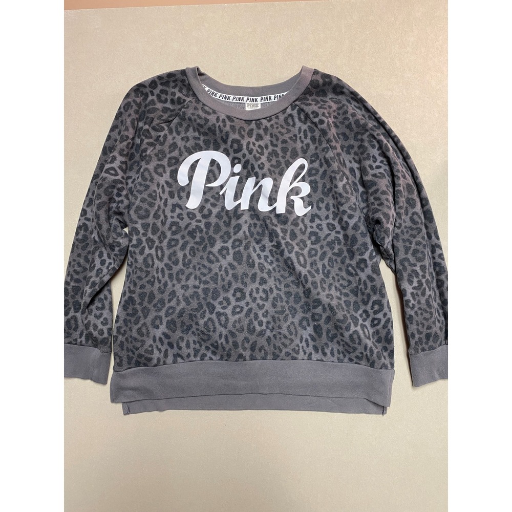 Victorias Secret PINK Leopard Print Crewneck Sweatshirt Gray Black Logo Large